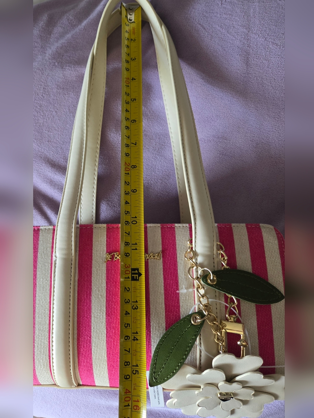 Betsey Johnson Pink and Cream Striped Purse with Floral Charm NWT - Picture 6 of 8